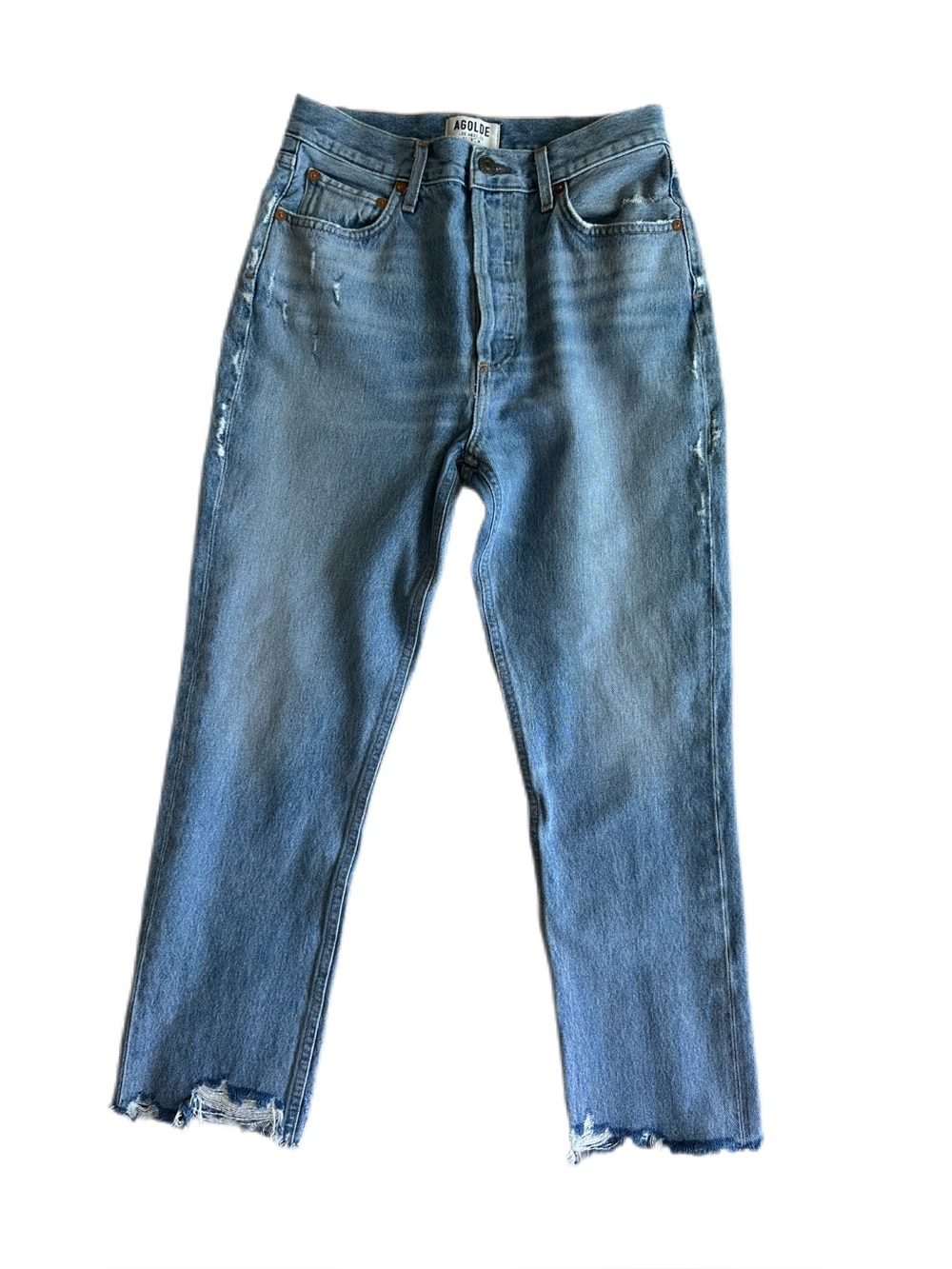 AGOLDE Riley High Rise Straight Crop Distressed Jeans Raw Hem Size 27